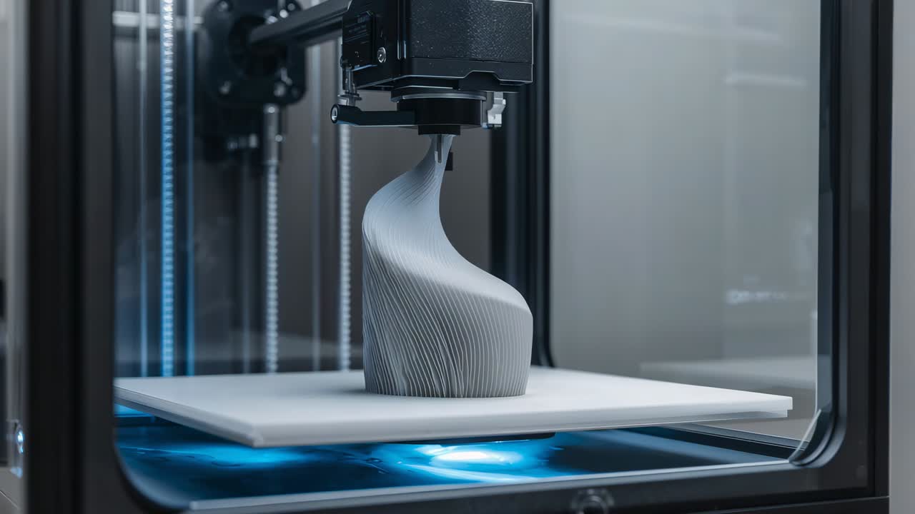 Print job starting, extruder nozzle laying plastic in chamber on heated bed, defining twisted vase