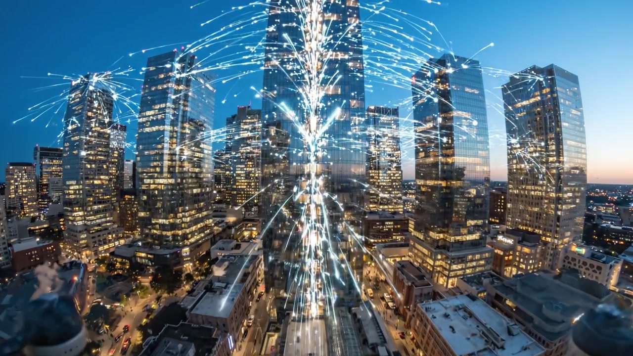 Uma deslumbrante paisagem noturna urbana com arranha-céus iluminados e fogos de artifício vibrantes, exibindo a vida moderna da cidade e maravilhas arquitetônicas contra um céu crepuscular.