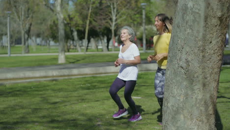 Two-women-jogging-in-park,-talking-and-smiling