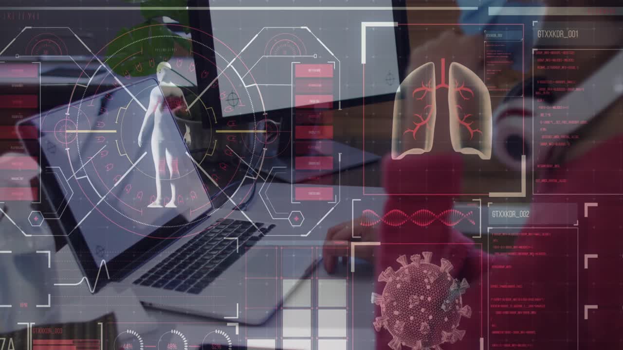 Digital interface with medical data processing against man wearing face mask using computer