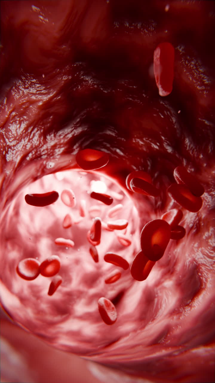 Red Blood Cells Vertical Flowing Through Human Artery Medical Animation. 3D rendering