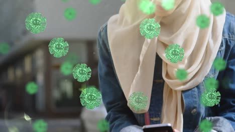 woman wearing hijab outside without coronavirus covid19 mask with spreading cells