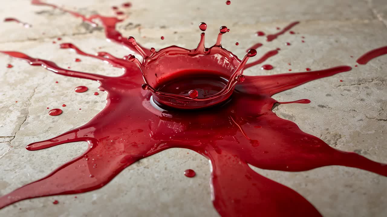 Droplet striking red viscous pool, forming rising crown and ejecting beads on beige tile surface