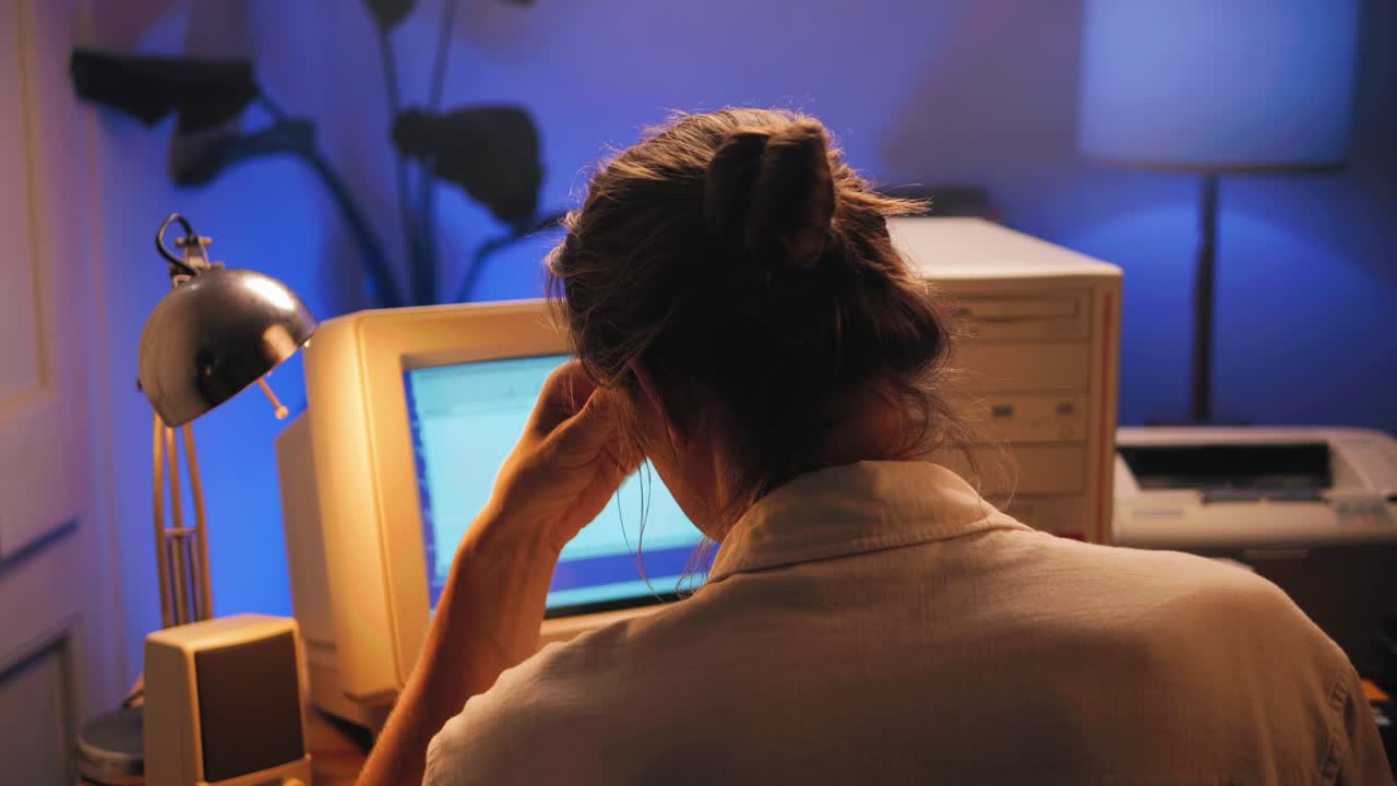 Man working and gaming on retro computer PC, IT engineer with vintage computer at home, using old fashion technology, close up of retro setup.