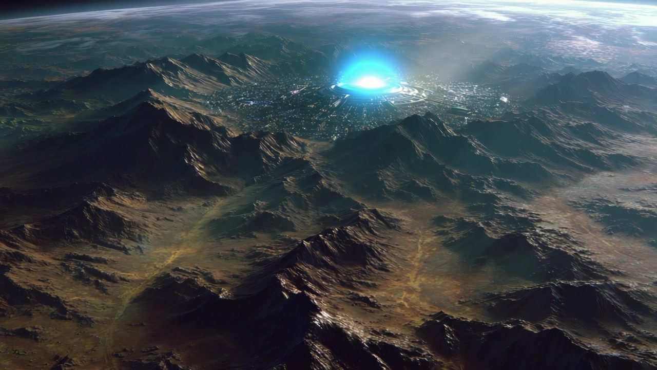 Stunning Aerial View of an Advanced Civilization Surrounded by Majestic Mountain Ranges and Illuminated by a Mysterious Blue Orb in the Distant Horizon