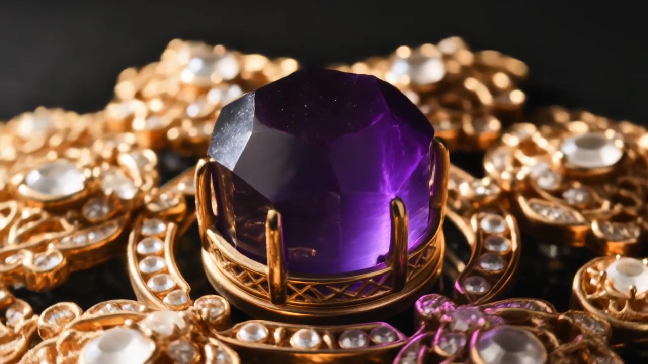 Shifting camera and lighting revealing pendant in studio showing facets, purple gem and gold mount