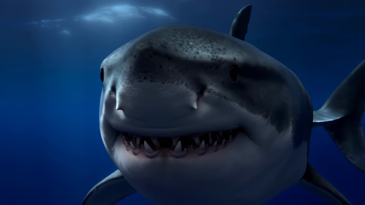 Close-up of a Great White Shark Swimming Underwater with Open Mouth