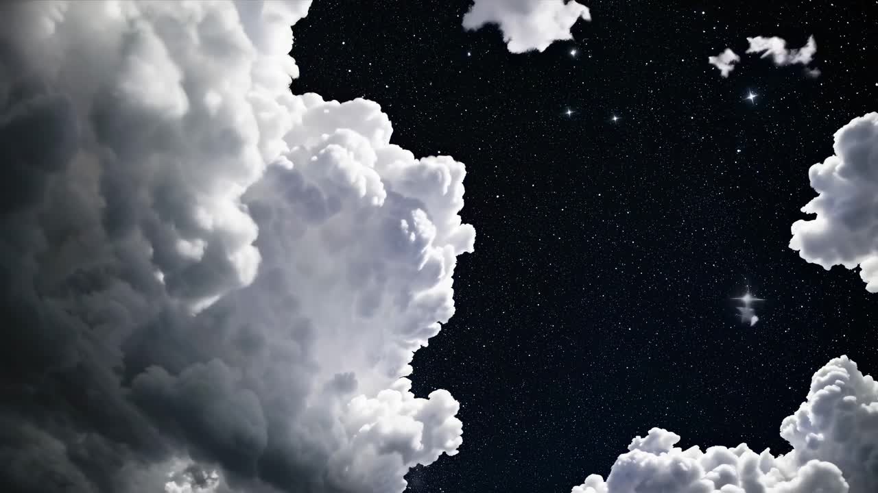 A dramatic video scene of towering clouds against a starry night sky, captured from a low angle