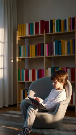 young boy using tablet in a room with bookshelves