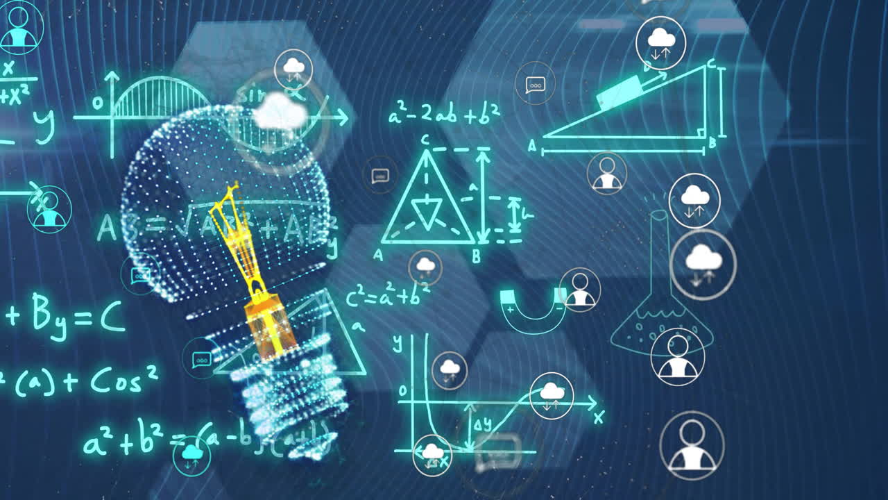 Animation of mathematical equations over lightbulb and shapes