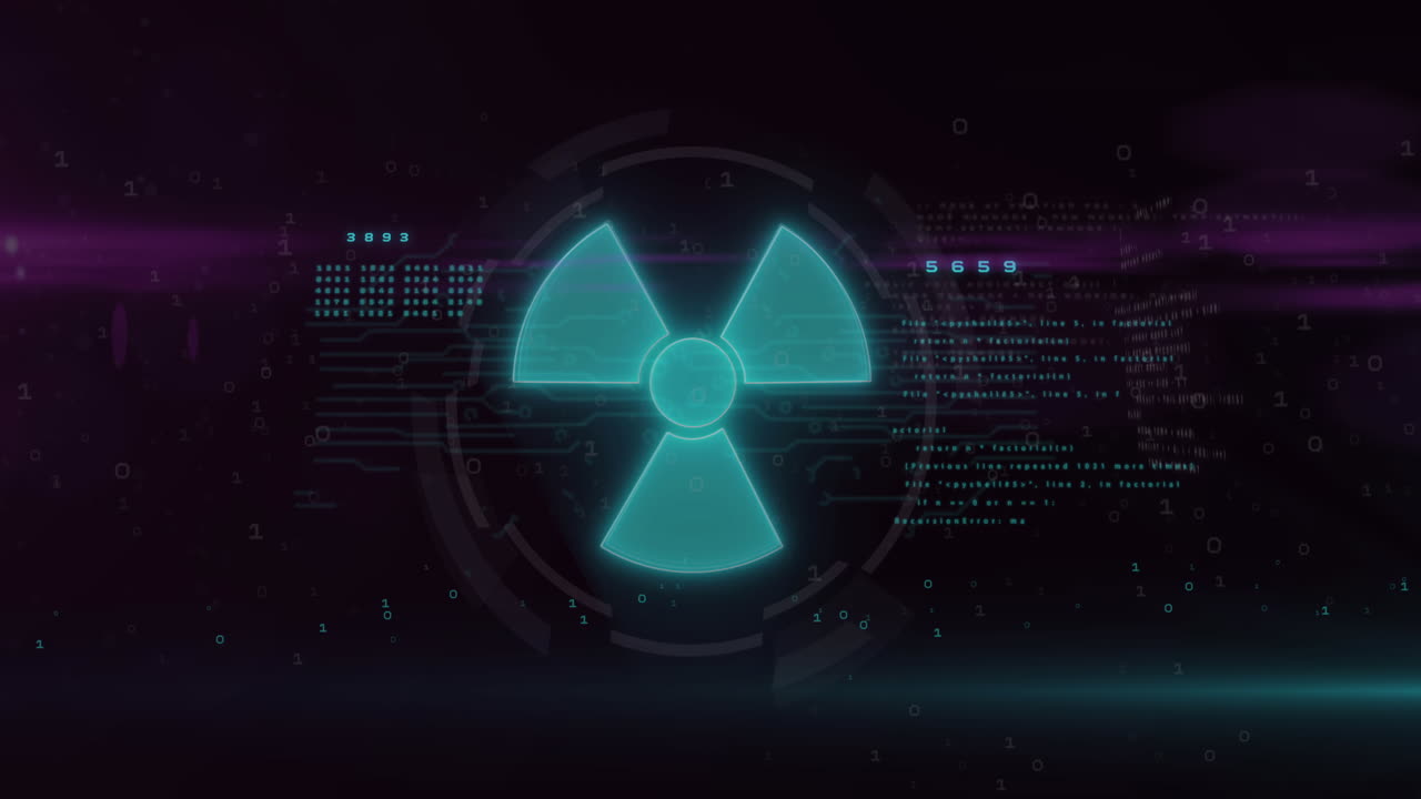 초록색 핵 표지판의 애니메이션과 검은색 배경의 장애와 함께 데이터 처리