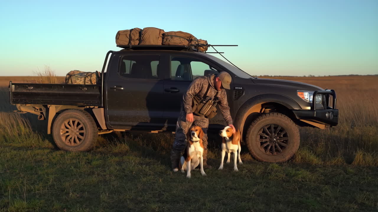 Hunting scene with dogs and truck