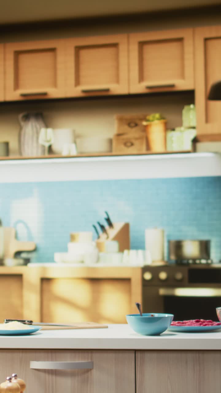 Vertical Video Modern kitchen filled with fresh pizza ingredients on the countertop