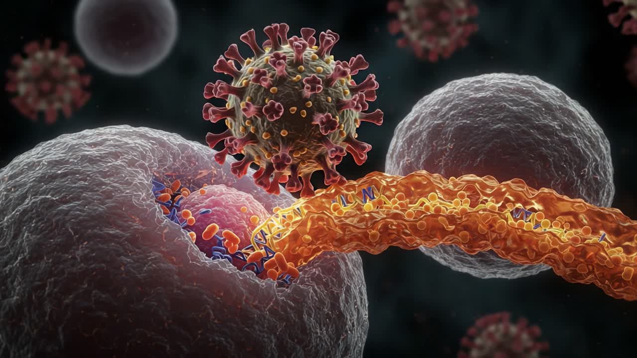 Visual Representation of Viral Interaction with Host Cells: A Detailed Look at the Mechanism of Virus Penetration and Genetic Material Integration in Cellular Biology