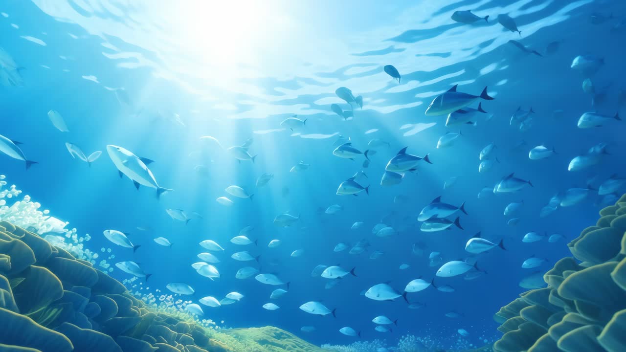 Underwater video scene with a wide-angle view of fish swimming above coral reefs, bathed in sunlight
