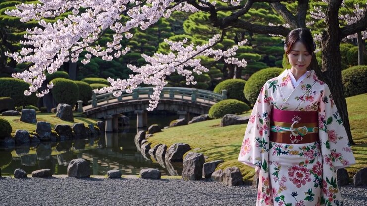 Giovane donna in kimono tradizionale che passeggia in un giardino giapponese