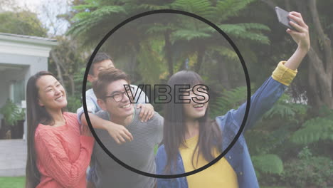 animation of vibes text over smiling asian family taking selfie