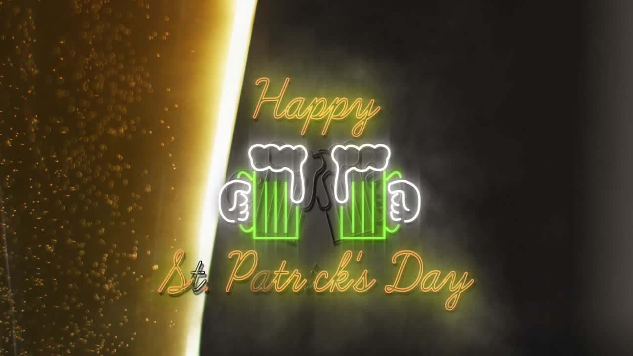 Animation of happy st patrick's day with beer icons over glass of beer