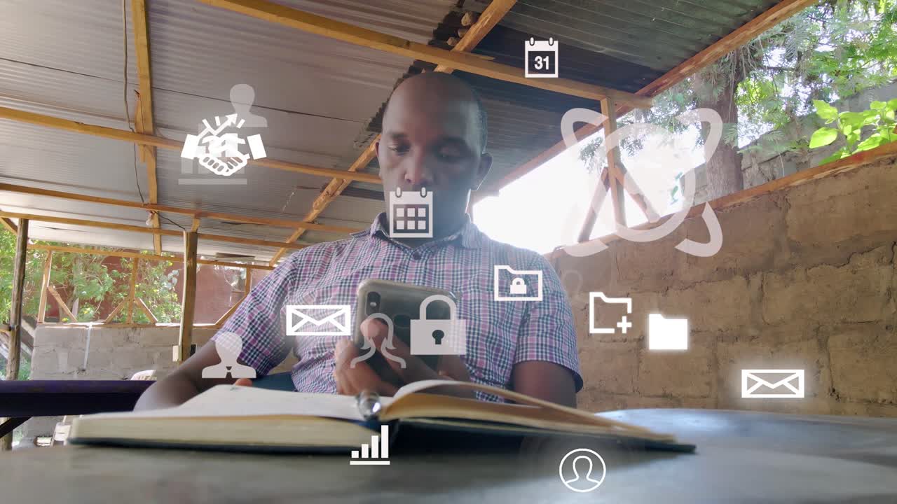 diseño gráfico futurista de un hombre que usa el teléfono