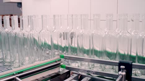 botellas de vidrio vacías en una cinta transportadora en una fábrica de embotellado