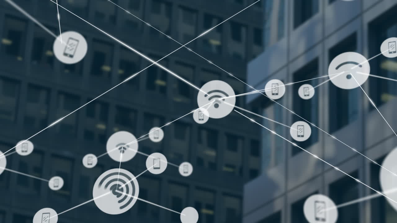 도시 풍경 위의 와이파이 아이콘으로 연결된 네트워크의 애니메이션
