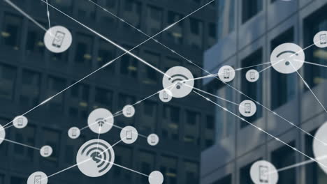 animación de la red de conexiones con iconos wifi sobre el paisaje urbano
