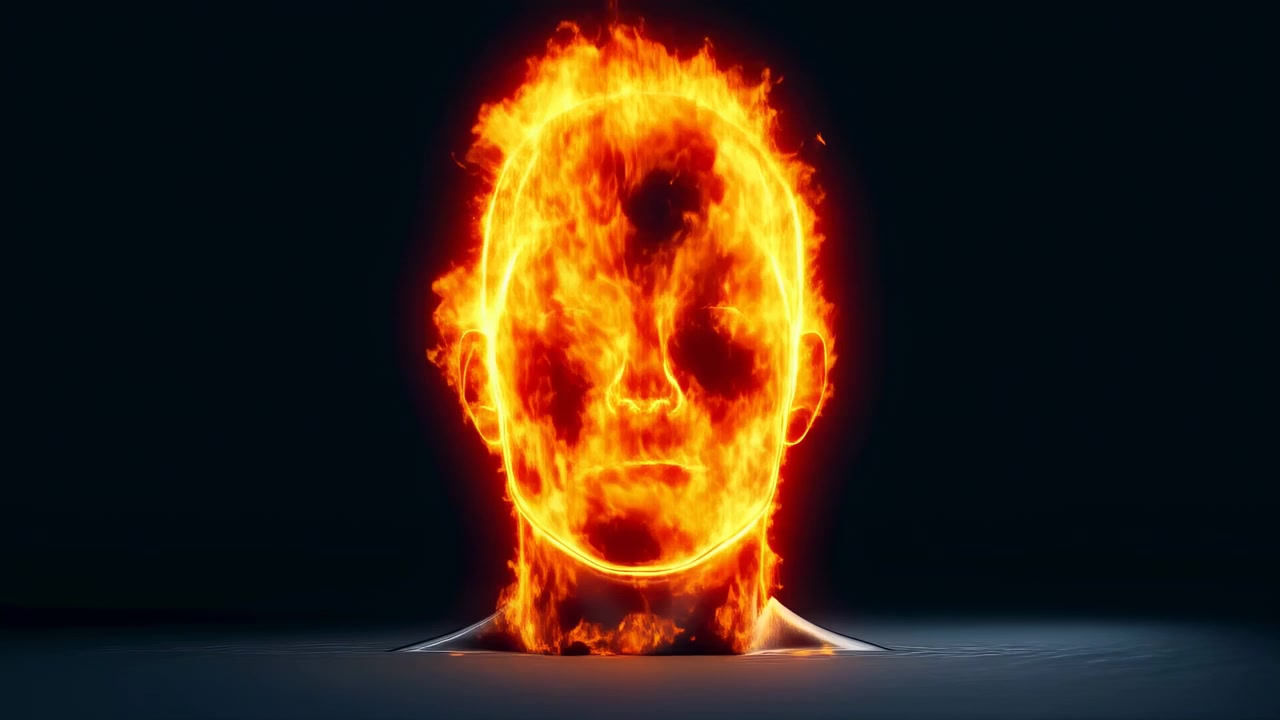 Dunkle Kopfskulptur entzündet sich in Flammen, filmische Studiobüste brennt zu feurigem Gesicht, Asche und Rauch fallen herab