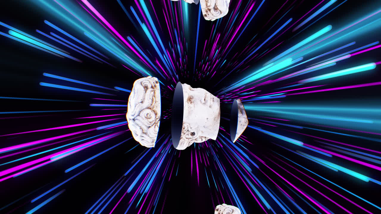 핑크색과 파란색 네온 조명 트레일 위에 고대 조각품의 애니메이션