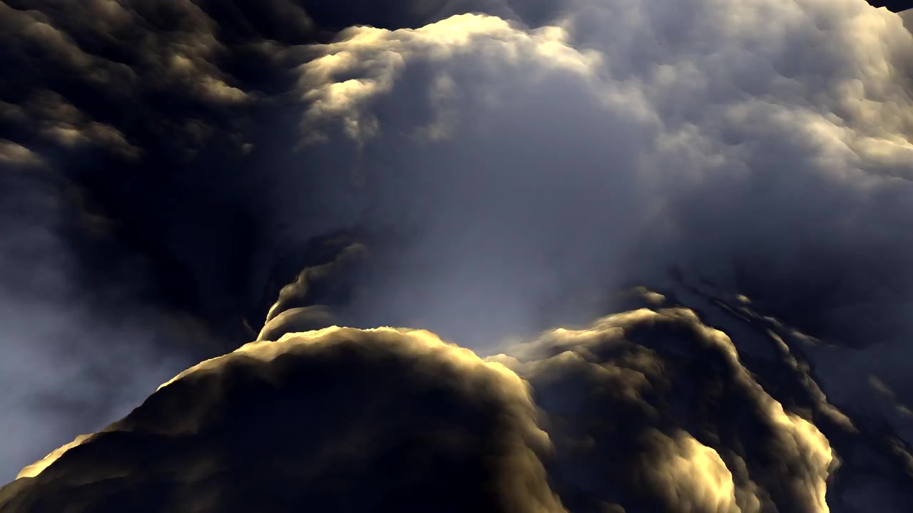 An abstract animation of dark, stylized storm clouds billowing with intense golden rim lighting effects, perfect for dramatic atmospheric backdrops.
