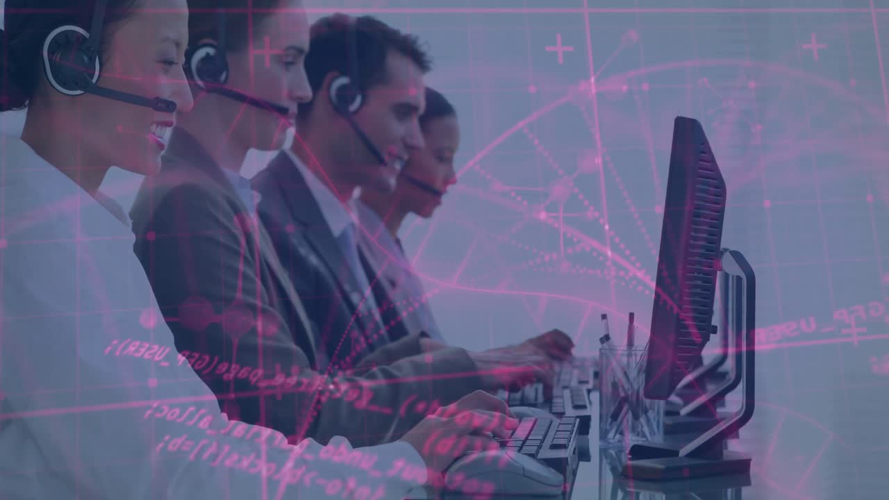 Atendentes de call center recebendo chamadas e processando solicitações enquanto gráficos de dados esvanecem nas telas.