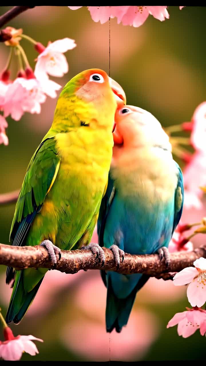 Agapornis coloridos empoleirados em um galho com flores de cerejeira rosa
