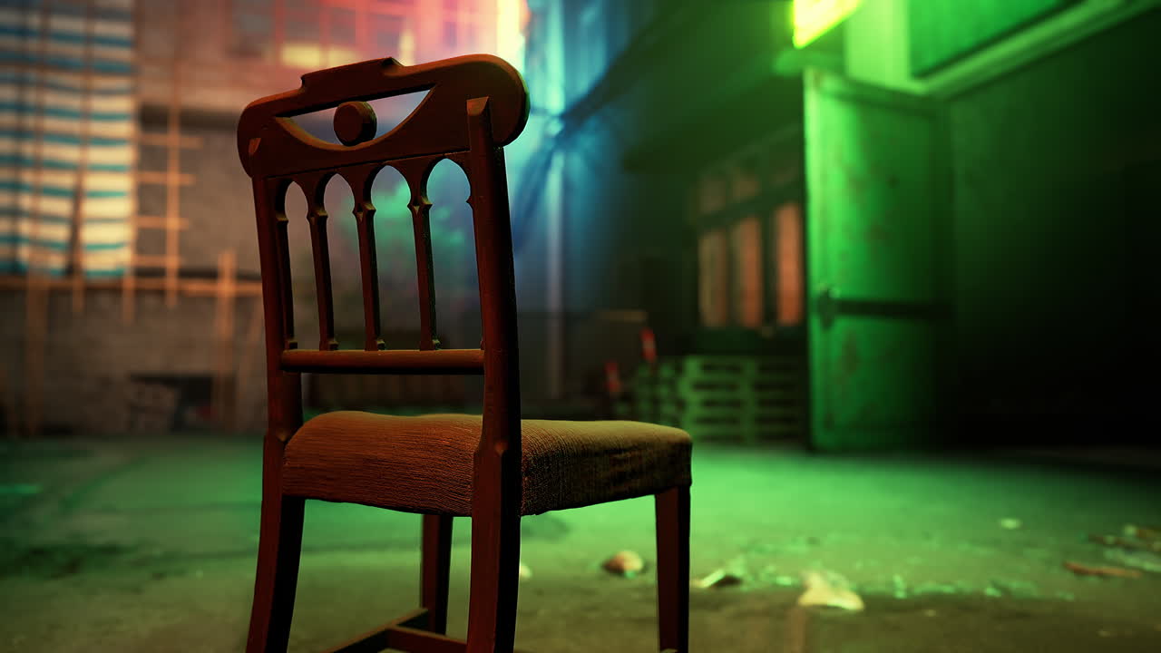 단독 의자가 어두운, 버려진 골목길에 앉아 있습니다.