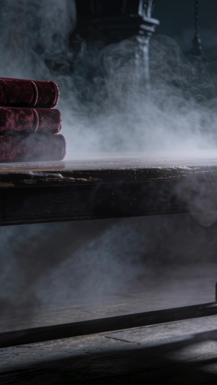 Vertical video: Fog moving over 3 red velvet books on wood table in hall, making mood, copy space