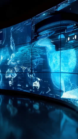 futuristic global data visualization on a multi-screen display