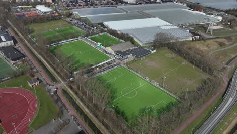 amateur sports fields, soccer football pitches. aerial overview. health, sports, welfare.aerial overview.