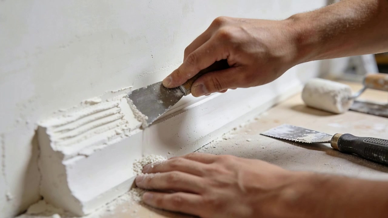 Riparazione di un battiscopa danneggiato, operaio che leviga lo stucco lungo il giunto con una spatola, maniche arrotolate.