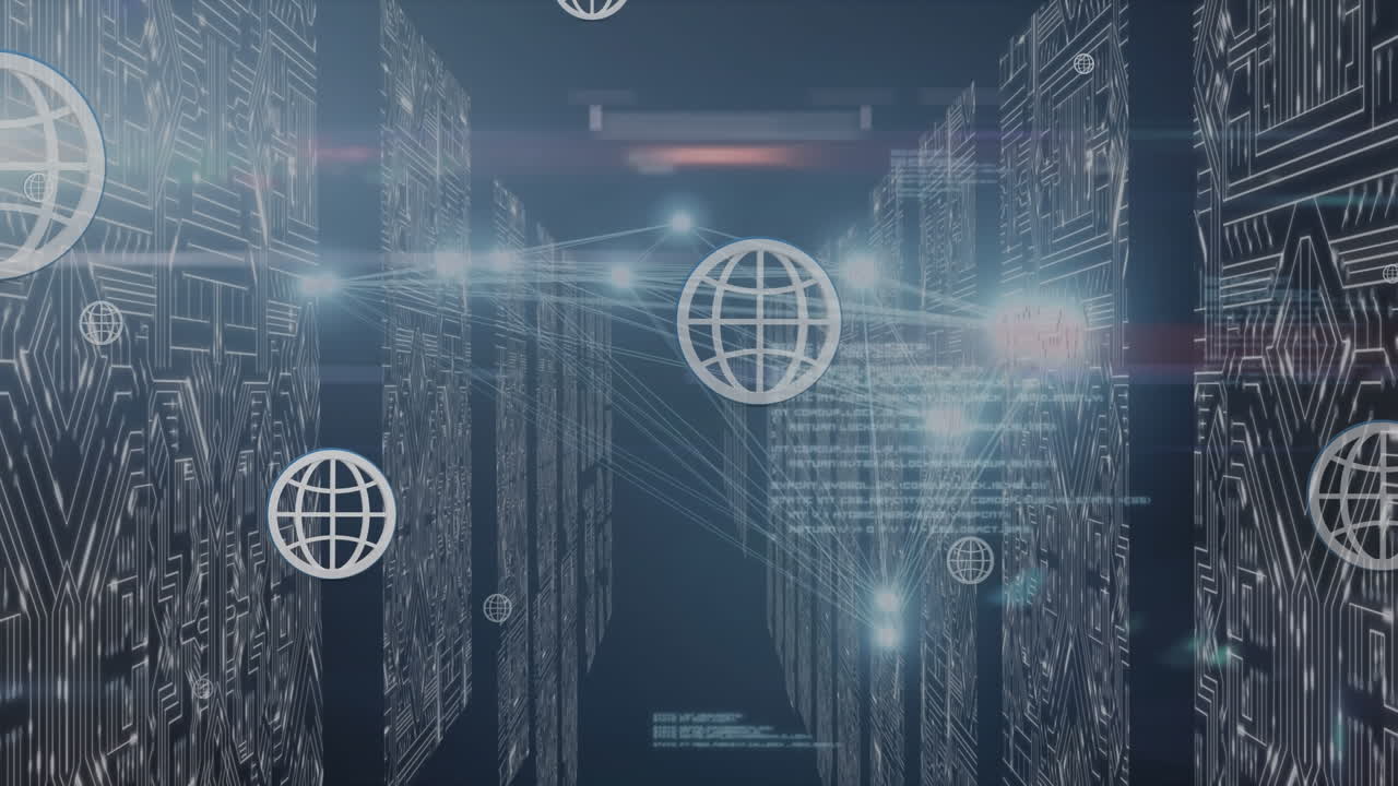 Animation of globe icons over server room