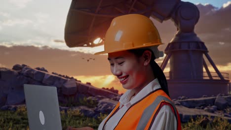 close up side view of asian female engineer with safety helmet working on a laptop while standing with large satellite dish