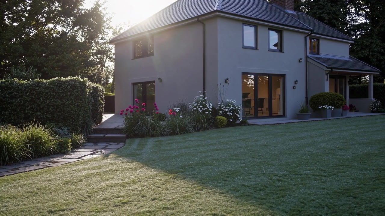 Modern Suburban House Exterior with Lush Garden at Sunset