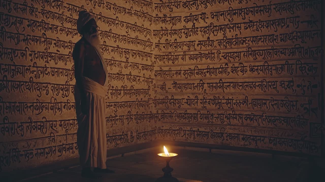 Wise elderly guru wearing traditional attire, meditating peacefully within candlelit sanctuary, surrounded by ancient Sanskrit writings and glowing oil lamp illumination