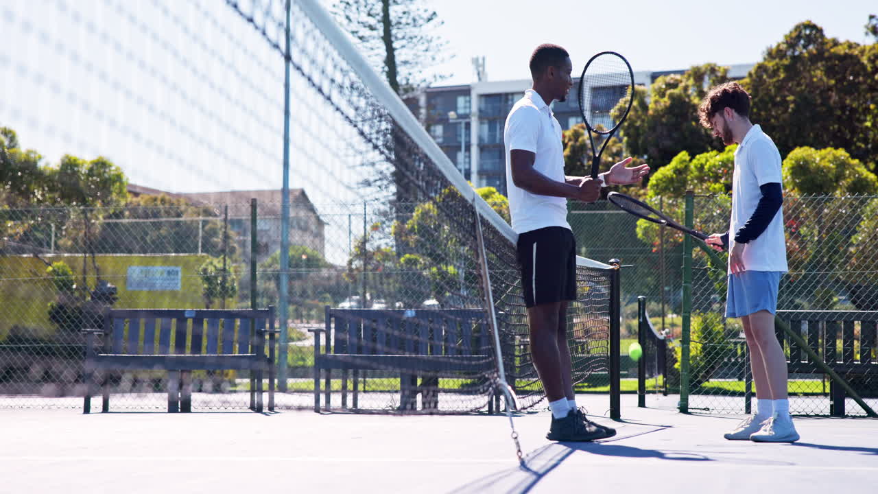 Deux joueurs de tennis masculins discutant sur un court extérieur