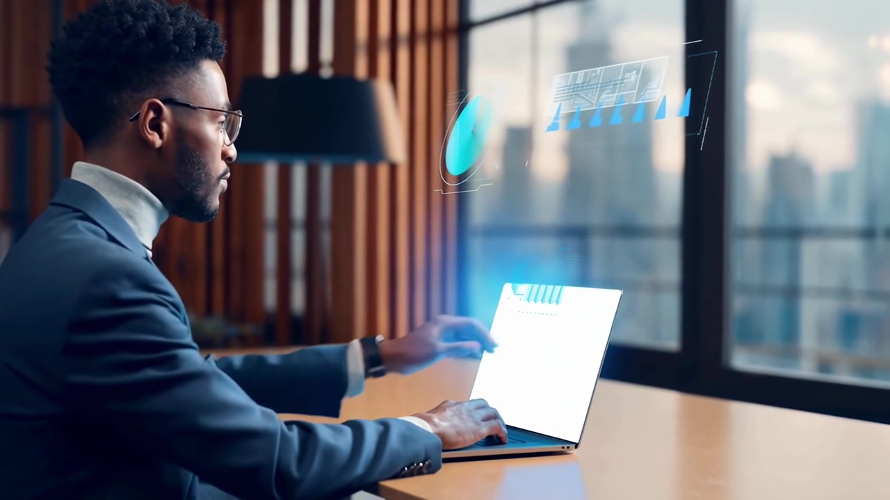 Professional Man Interacting with Holographic Data on Laptop in Modern Office