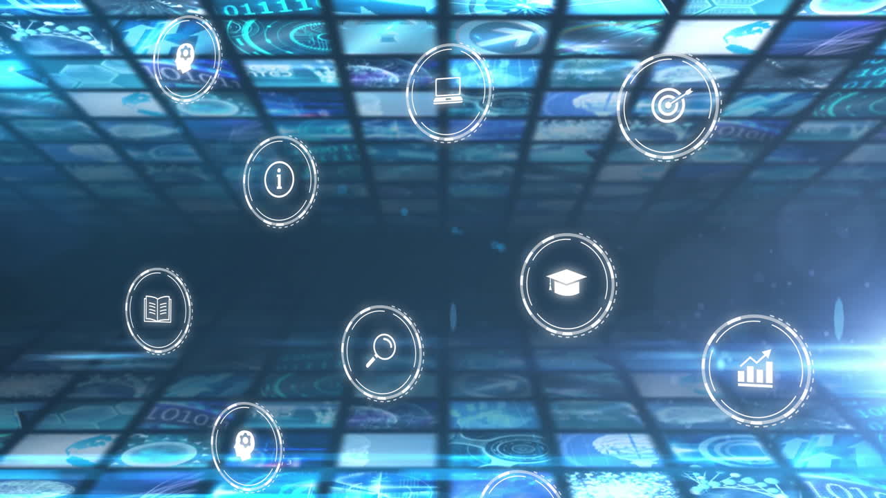 Animation of digital icons floating over screens grid displaying various images