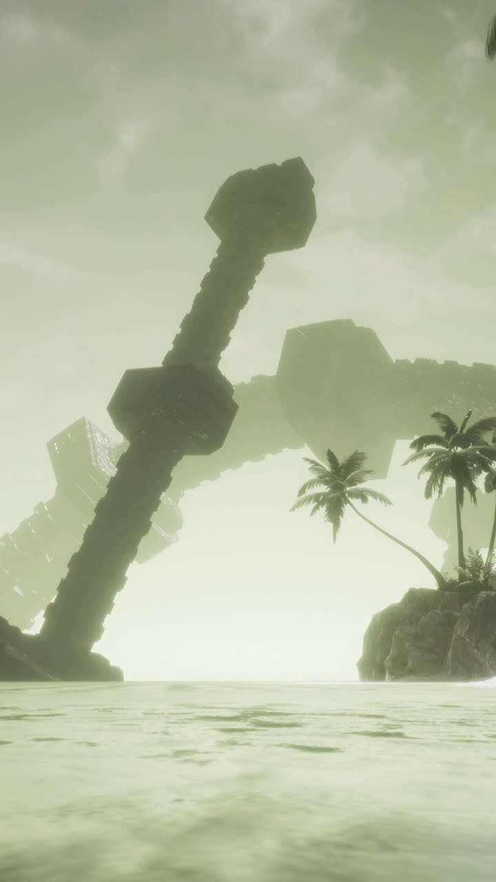 Mysterious alien ship emerges from the mist near a tropical landscape