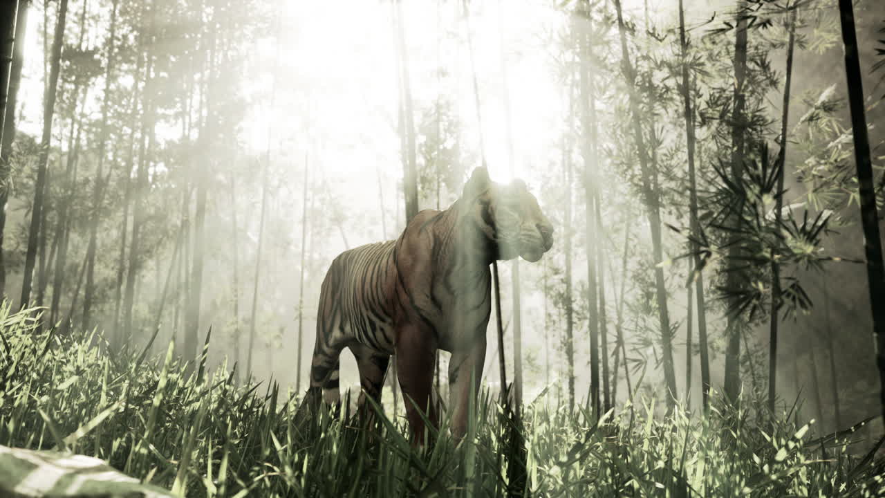 Majestic Tiger in a Foggy Bamboo Forest