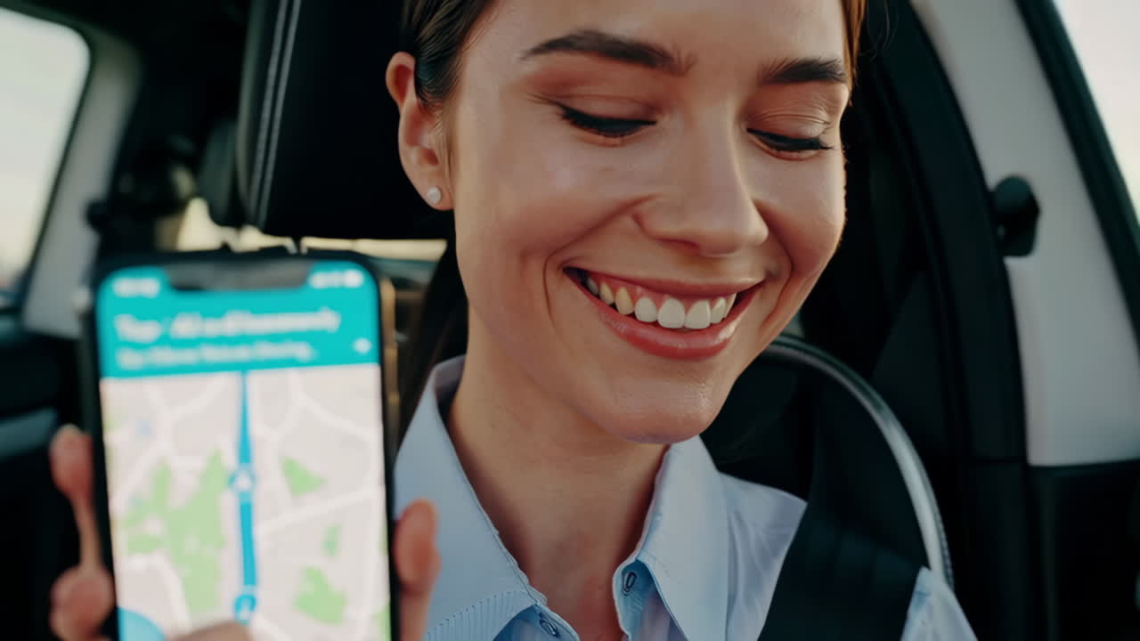 A woman in a car using a navigation app on her smartphone and smiling