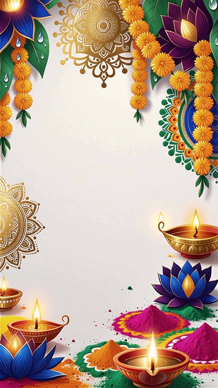 Sfondo Diwali con Diyas luminosi, Rangoli e fiori di loto