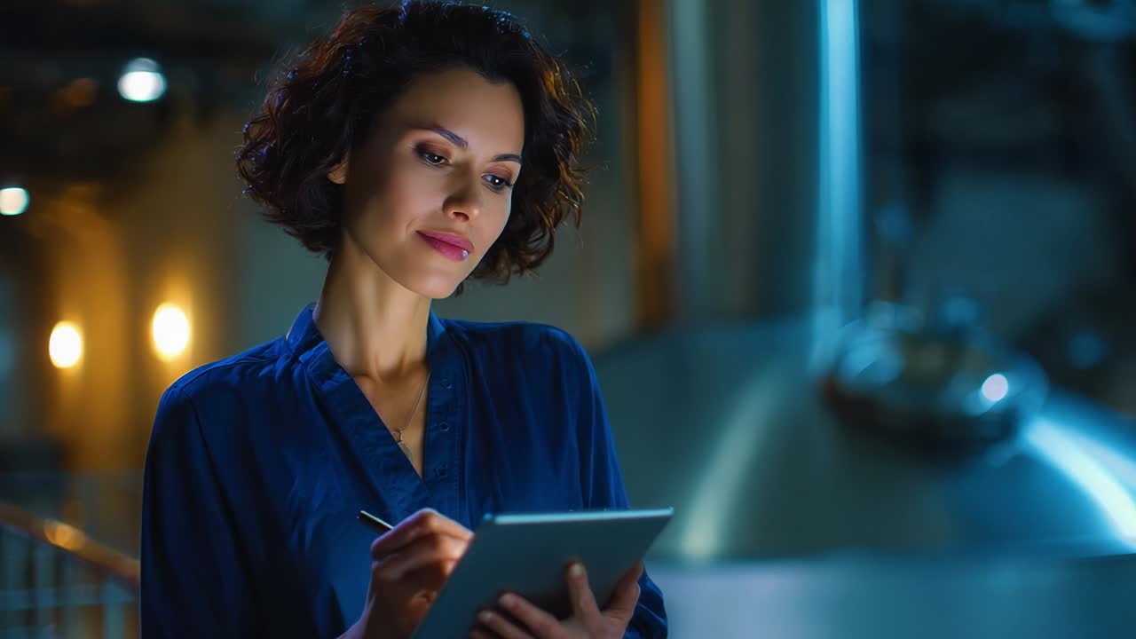 A focused woman thoughtfully writes on a tablet in an industrial setting, illustrating her engagement in work-related tasks under soft ambient lighting, emphasizing concentration and productivity