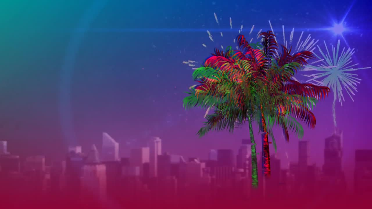 palma y fuegos artificiales sobre una ciudad
