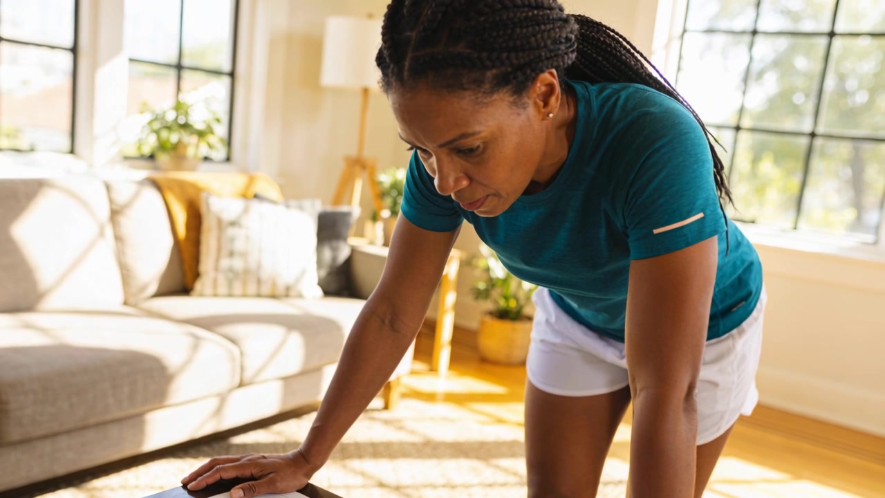 Leaning woman in teal shirt, white shorts, bracing on coffee table at home following tablet prompts